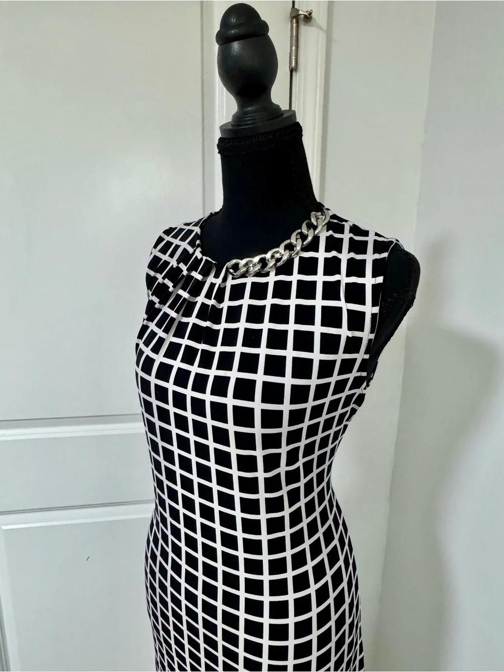 Michael Kors Black and White Grid Sheath with Chain Accent